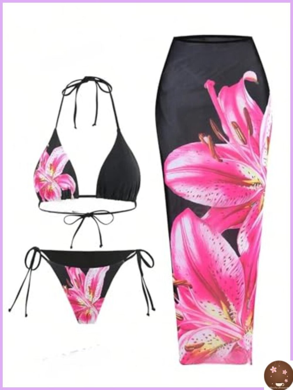 3pc Floral Halter Triangle Bikini Set with Cover Up Skirt, Adjustable Straps